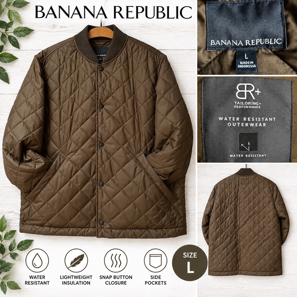 Banana Republic Mens Quilted Water Resistant Bomber Jacket Olive Green L Light